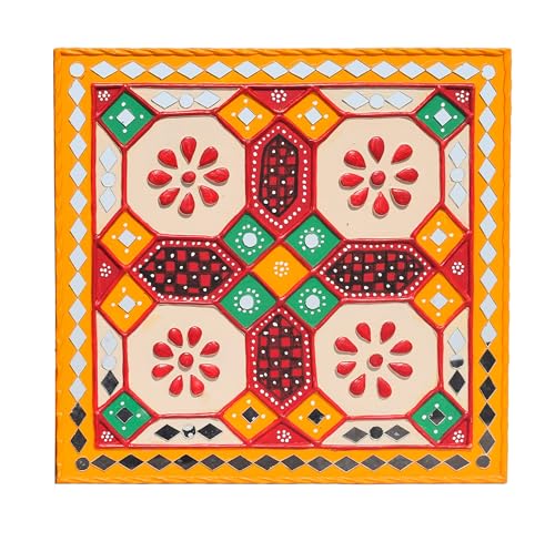 Image of Ethnics of Kutch Traditional Kutch Handicraft Mud-Mirrorwork Lippan Kam Wall Art (Water and Break Resistant) - Square (12 inch x 12 inch) - (Yellow LKT-0284)