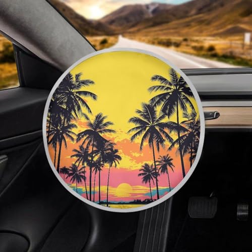 Image of Car Steering Wheel Sun Shade Cover Personalized Palm Trees Sunset Auto Interior Protector Block UV Rays Cool Removable Automotive Accessories Universal for Cars Truck SUV Van