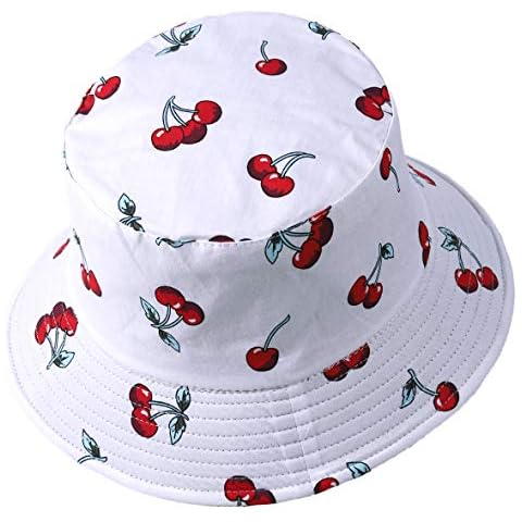 Women Fruit Print Reversible Bucket Hat Men Sun Fisherman Outdoor Cap (Cherry White) Cover