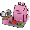 Modoker Dog Travel Bag Backpack, Airline Approved Pet Accessories Organizer for Dog and Cat with Shoulder Strap, 2 Dog Food Storage Containers, 2 Collapsible Dog Bowls,1 Pet Mat, Pink