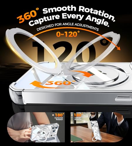 Image of Soft Case for iPhone 17 Pro with 360 Rotating Magnetic Stand, Compatible with Mag-Safe, 4X MIL-Drop Protection, Lightweight Glossy Anti-Yellowing Clear Back Phone Cover for iPhone 17 Pro, Silver