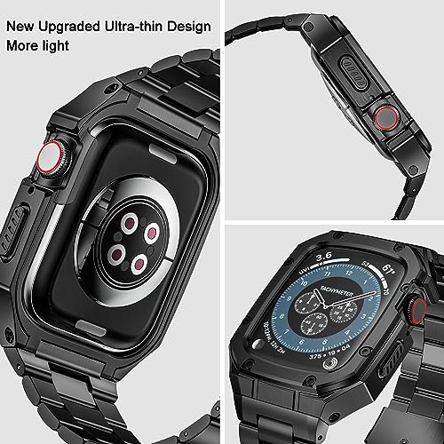 Image of BAITEYOU Stainless Steel Watch Band with Case Compatible with Apple Watch Series 11 10 42mm, Rugged Strap with Metal Protective Bumper Cover for iWatch Bands Men (Black)