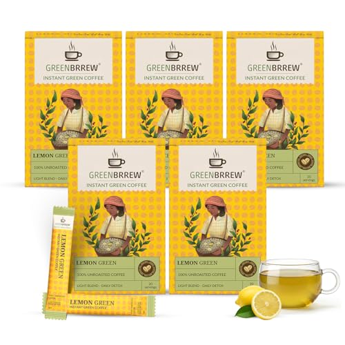 Image of Greenbrrew Lemon Instant Green Coffee - 100 Easy Mix Sachets, Pack of 5 (300g)