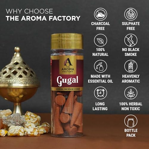 Image of The Aroma Factory Incense Dhoop Cone for Pooja, Gugal (100% Herbal & 0% Charcoal) 2 Bottles x 30 Cones