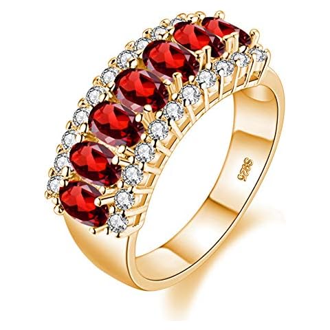 Uloveido Women's Gold Plated Oval Cut Red Cubic Zirconia 7 Stones Wedding Band,Simulated Ruby Birthstone Ring J501 (Red, Size 6) Cover