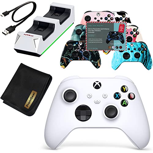 Microsoft Xbox Controller (Robotic White) for Collection X, Collection S, Xbox One, Home windows 10, Android & Ios, Bundled with with Twin Port Charging Dock, Xbox Controller Pores and skin Voucher & PremGear Fabric