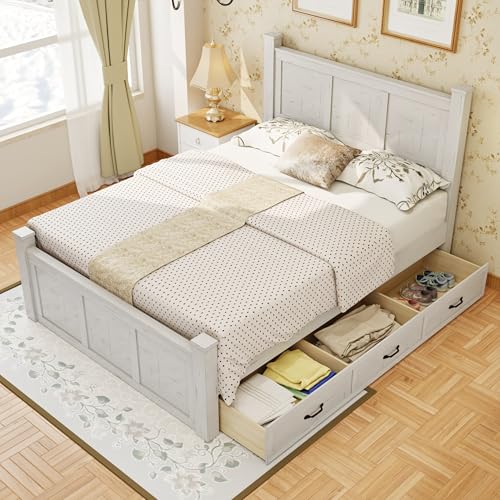 Farmhouse-Style-Wood-Panel-Bed-Frame-Four-Square-Poster-Bed-with-Three-Storage-DrawersKing-Ancient-White Farmhouse Style Wood Panel Bed Frame Four Square Poster Bed with Three Storage DrawersKing Ancient White
