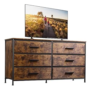 WLIVE Wide Dresser with 6 Drawers, TV Stand for 60″ TV, Fabric Double Dresser, Large Storage Tower Unit, Chest of Drawers for Bedroom, Closet, Living Room, Hallway, Nursery, Rustic Brown