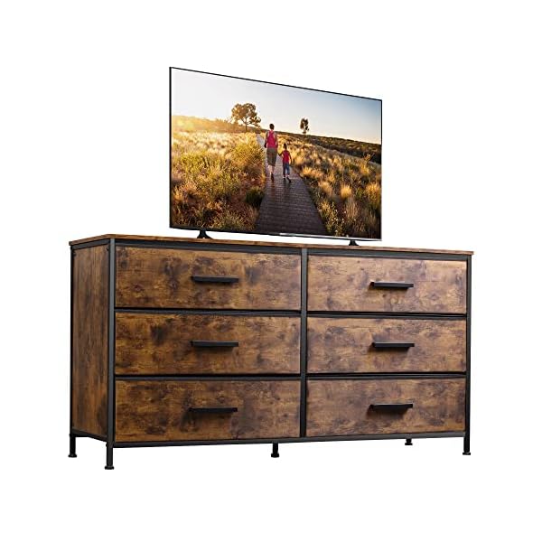 WLIVE Wide Dresser with 6 Drawers, TV Stand for 60″ TV, Fabric Double Dresser, Large Storage Tower Unit, Chest of Drawers for Bedroom, Closet, Living Room, Hallway, Nursery, Rustic Brown