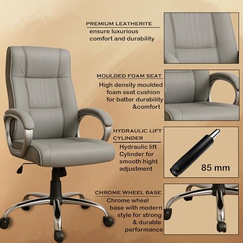 Image of Vista Ergonomic Leatherette Boss Chair for Office | High Back Revolving Chair for Home, Office, Study & Gaming | Height Adjustable Office Chair in Crome Base | 1pc (Grey)