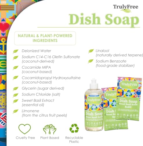 Image of Truly Free Non Toxic Dish Soap | Natural Concentrated Dishwashing Liquid - Sweet Basil Scent | Non Toxic Organic Plant-Based Dish Soap | Family Safe - Eco-Friendly Formula | 16 fl oz