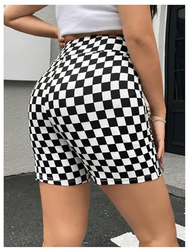 WDIRARA Women's Plus Size Checkered High Waisted Biker Shorts V Cross Tummy Control Workout Shorts2