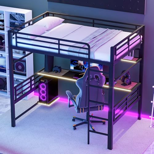 SOFTSEA Full Size Loft Bed with Desk and Storage Shelves, Heavy Duty Loft Bed with LED Lights for Kids, No Noise, Black