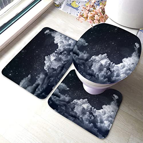 Badezimmerteppich-Set, 3-teilig, bewölkter Nachthimmel mit Sternen, waschbare Badeteppiche, rutschfest, mit Rückenpolster, Konturteppich und Toilettendeckelbezug