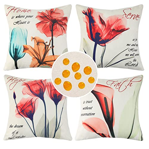 Lot de 4 Housses de Coussin Rouge Fleur Patio Extérieur Taie d'oreiller Carré étanche Moderne Ferme Printemps été Aquarelle Plantes Taie d'oreiller Décorative 45x45cm pour Canapé Chambre Jardin Cover