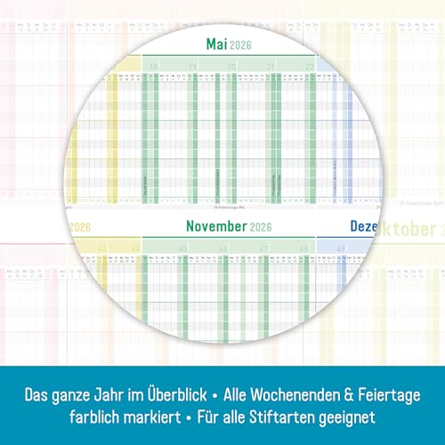 Häfft® Urlaubsplaner 2026 Mitarbeiter faltbar/gefalzt - A4 zum Abheften (ausgeklappt 89 x 29 cm) für 12 Personen oder Projekte \Rainbow\ - nachhaltig & klimafreundlich