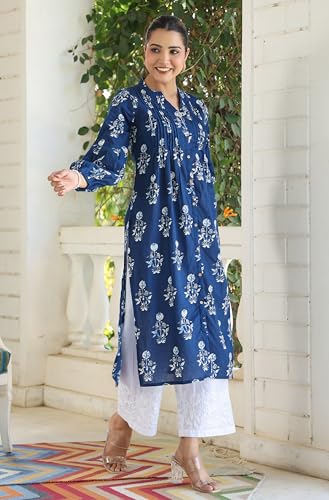 Image of Janasya Women's Pure Cotton Floral Printed A-line Kurta