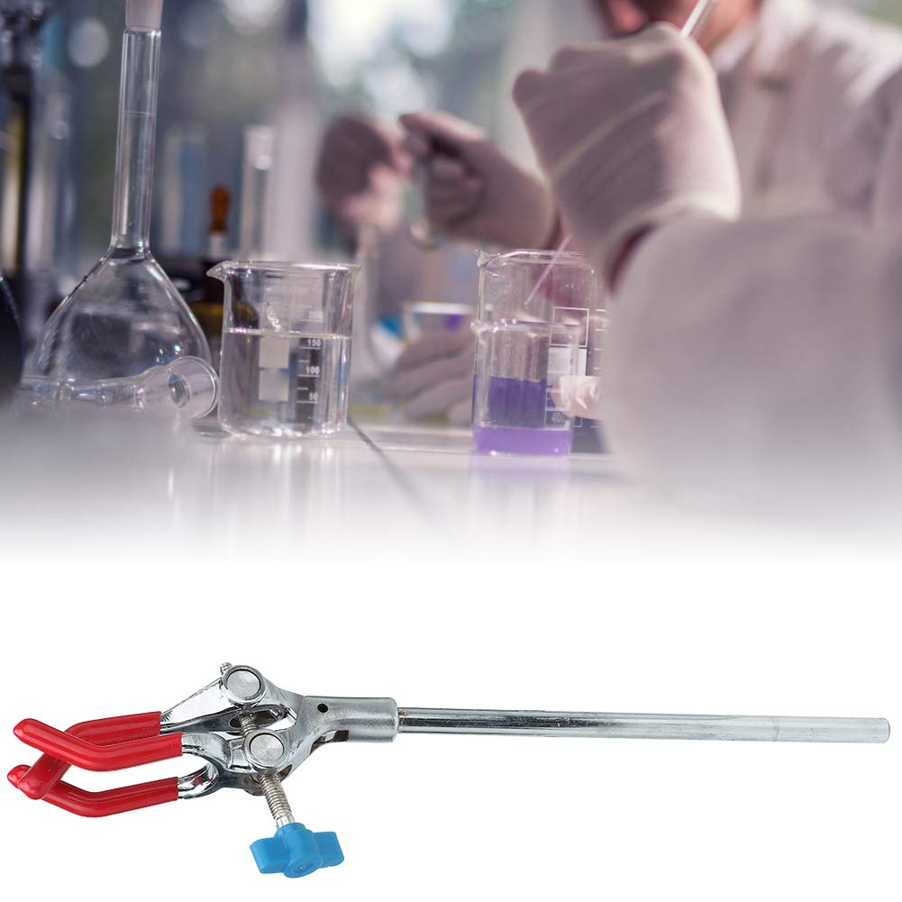 Pince de laboratoire à 3 doigts, pince à fiole avec mâchoire en caoutchouc et tige métallique double pour support de flacon en chimie scolaire
