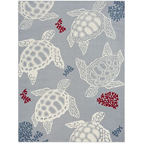 Home Dynamix Marine Sea Turtle Coastal Animal Indoor/Outdoor Area Rug, Grey/Ivory, 7'10"x10'2"