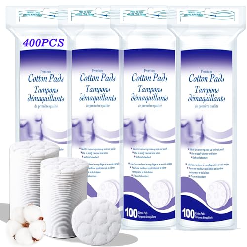 Premium Cotton Pads for Face, 400 Count Round Makeup Remover Pads, 100% Pure & Natural Organic Cotton Rounds, Lint-Free Facial Pads Cleansing Cotton (100 Count (Pack of 4))