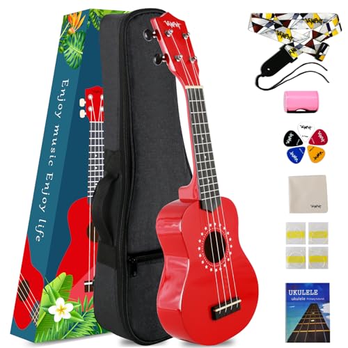VANPHY Soprano ukulele for beginner kids with Gig Bag 21 Inch uke for Starter Hawaiian Soprano Ukalalee Polishing adults Basswood 21 Inch uke bundle with Strap Picks Songbook Cleaning Cloth (Red)