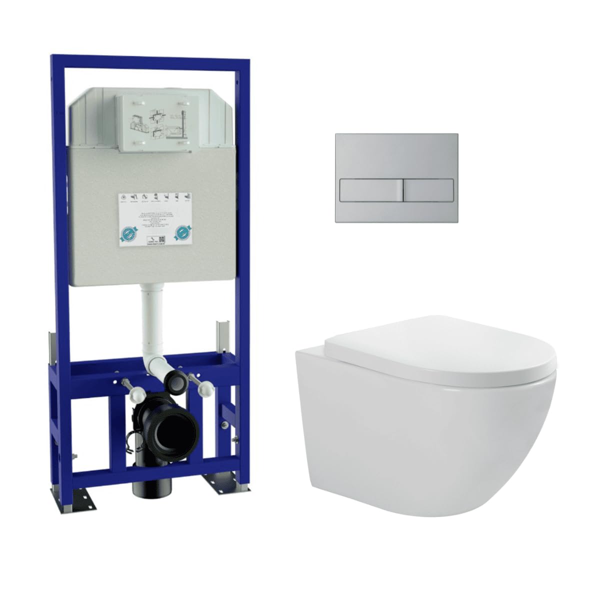 Pack Inodoro Suspendido Blanco Brillo y Cisterna Empotrada Autoportante con Pulsador Cromo | Inodoro Blanco Brillo Rimless Sin Borde de Fondo Reducido y Asiento Extrafino con Caida Amortiguada