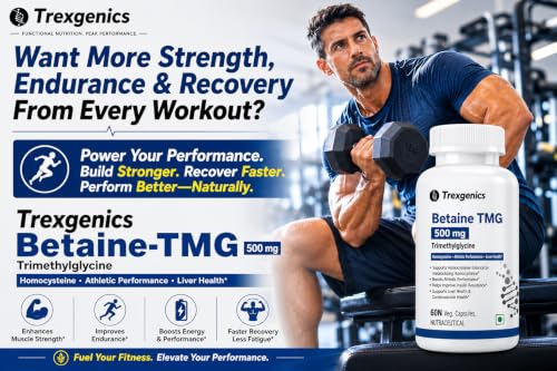 Image of Trexgenics BETAINE - TMG (Trimethyglycine) 500 MG Homocysteine Balance, Liver Care, Athletic Performance Support (60 Veg Capsules) (Pack of 2)