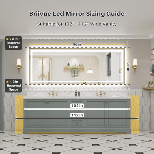 Image of 96X36 Inch LED Bathroom Mirror with Gold Frame, Backlit & Front Lit, Anti-Fog Lighted Bathroom Vanity Mirror for Wall, Memory Function, Dimmable, HD Tempered Glass, Shatter-Proof