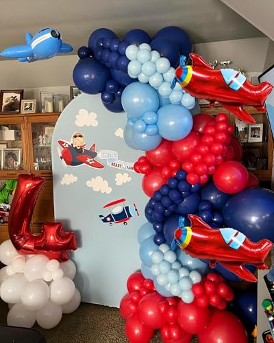 Image of Airplane Birthday Party Decorations 142pcs Airplane Balloon Garland Arch Kit Dusty Blue and Red White with 2Pcs Airplane Mylar Balloon for Time Flies Theme Birthday Baby Shower Party Supplies