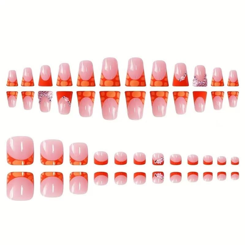 Image of 48Pcs Orange Press on Nails French Tip Press on Toenails Set Duck Fake Nails with Rhinestone Design Flower Glue on Toe Nails Glossy Artificial Acrylic Full Cover for Women Manicure