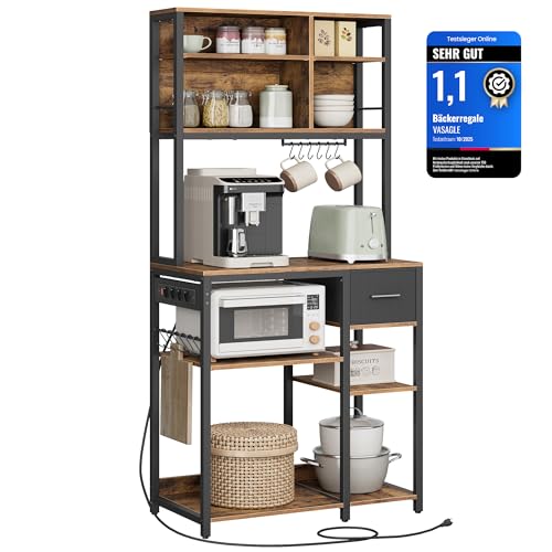 VASAGLE Küchenregal mit Steckdosen, Standregal, 40 x 80 x 180,4 cm, Backregal, verstellbare Ablagen, Stoffschublade, 12 Haken, Küche, vintagebraun-tintenschwarz KKS015K03
