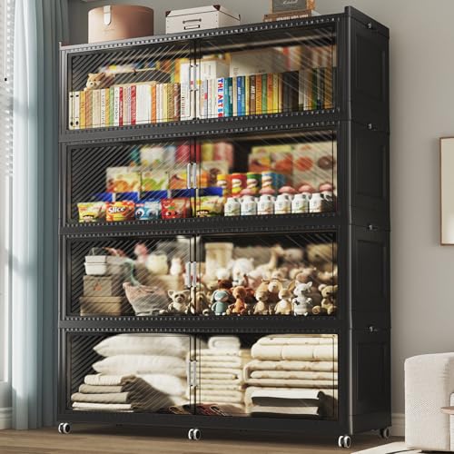 Image of 320 Gallon Extra Large Collapsible Storage Bin with Lid, 960QT Stackable Plastic Organizer with 6x Wheels, Foldable Drawer Cabinet for Closet, Living Room Office, Kitchen 4Pack, Black