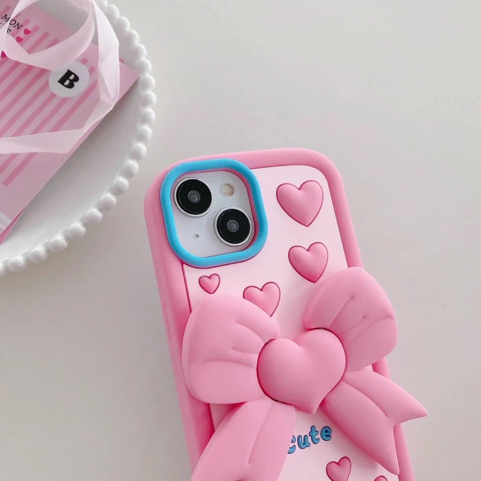 Image of COVERLY for iPhone 17 3D Love Cute Heart Butterfly Case,Full Protective Pink Coquette Bowknot Folding Desktop Stand Beautiful Doll Soft Silicone Fashion Aesthetic Back Cover for Apple iPhone 17