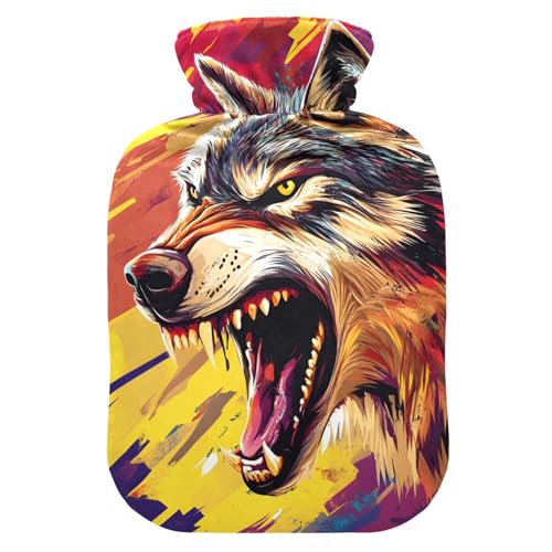 2 L Hot Water Bottle Wolf Corolful Hot Water Bottle with Cover Soft Velvet Hot Water Bag for Pain Relief Hot Water Bottle for Winter Bed for Hands