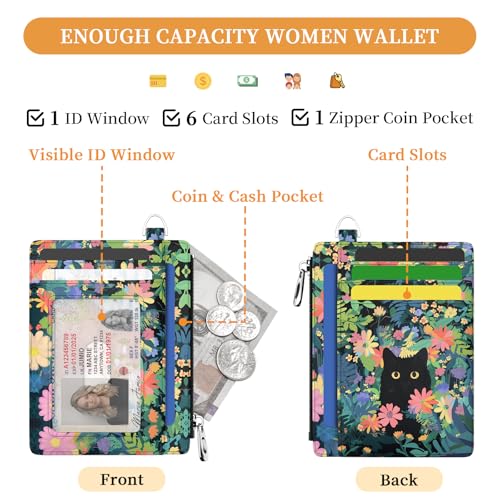 Image of Hancynir Flower Black Cat Floral Slim Wallet Women Credit Card Holder Small Cute RFID Blocking Front Pocket Wallet Wristlet Keychain Lanyard Card Case Thin Travel Zipper Coin PU Leather Ladies Gifts