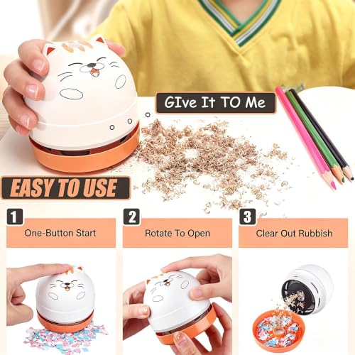 Image of Mini Desktop Vacuum Cleaner, Portable USB Vacuum Cleaner for Desk Mini Cute Cartoon Desktop Vacuum for Cleaning Eraser Crumbs, Dust, Crumbs, Piano, Hairs, Computer, Keyboard and Car (White Orange)