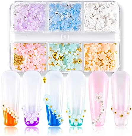 Mixed Flower Nail Art Charms and Metal Caviar Beads, Flywindy 3D Light Change Flower Nail Rhinestone Nail Decals Stickers Gold Silver Nail Ball Beads for DIY Decoration Nail Craft Accessories