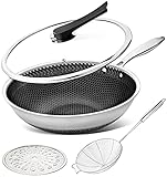 MICHELANGELO Wok Pan with Lid, 12 Inch Stainless Steel Wok with Spider Strainer and Steaming Rack, Honeycomb & Stir-fry Pans Flat Bottom Wok...