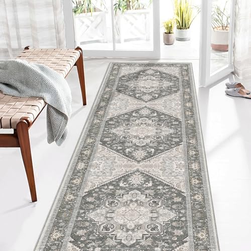OPPODREAM Soft Entryway Rug 2x8, 2x8 Rug Runner, Washable Hallways Carpet 2 x 8 with Non Slip Backing, Low-Pile Bedside Carpet 2 x 8, Long, Faux Cashmere, Greenish Grey
