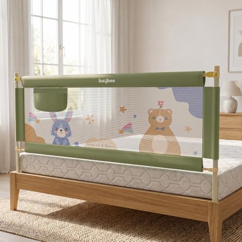 Image of BAYBEE Baby Bed Rail Guard (150x80cm) | Bed Railing for Baby Safety with 28 Height Adjustable Bedside Protector for Babies Falling | Foldable Bed Safety Guard for Kids (1 Side, (Dark Green)