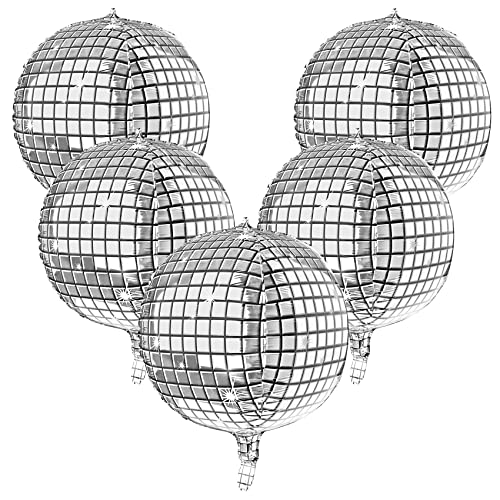 5 globos de bola de discoteca 4D grandes globos de lámina láser de plata con espejo metálico para discoteca, fiesta de cumpleaños, ceremonia de boda Cover