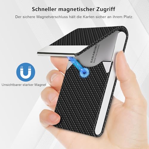 BABAWOWO Visitenkartenetui – Schlankes Visitenkartenetui aus PU-Leder und Edelstahl, Magnetverschluss, fasst 15–25 Karten Männer und Frauen (Schwarz Carbon)