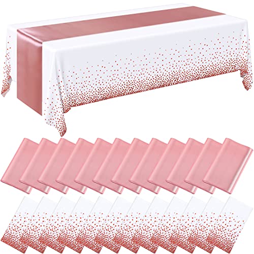 Image of Breling 24 Packs Rose Gold and White Disposable Tablecloths and Satin Table Runner Set, 54 x 108 Inch Plastic Tablecloth, 12 x 108 Inch Table Runners for Wedding Birthday Baby Shower Party Decoration