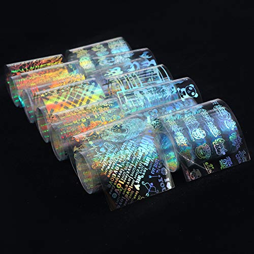 Valuu 10 Rolls Laser Flame Nail Art Foil Transfer Stickers Holographic Panda Lace Nail Foil Adhesive Decals Starry Sky Gradient Manicure Transfer Tips Nail Art DIY Decoration Kit