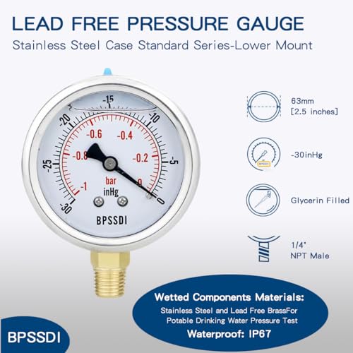 Image of 30 inHg Vacuum Silicone Oil Liquid Filled Low Pressure Gauge, Water Pressure Gauge, 2-1 /2 inch Dial, 1 /4 inch NPT Lower Mount, Stainless Steel Case, for Pneumatic Regulator Air Compressor RV Regulator Test