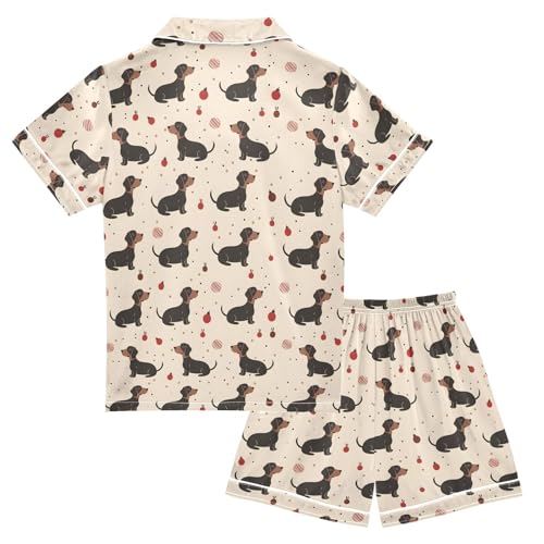 Dachshund Pattern Summer Satin Pajama Set, Cute Button-Down Sleepwear Pj Set for Sleep Wears2