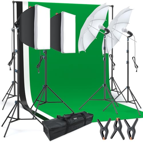 Linco Lincostore LED 3200 Lumens Photo Video Studio Light Kit AM243 - Including 3 Color Backdrops (Black/White/Green) Background Screen