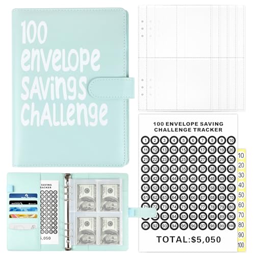 ZALAON Money Saving Book with Mark Stickers 100 Envelope Challenge Binder for Cash Stuffing Saving Book with Cash Envelopes for School Home Office (Blue)
