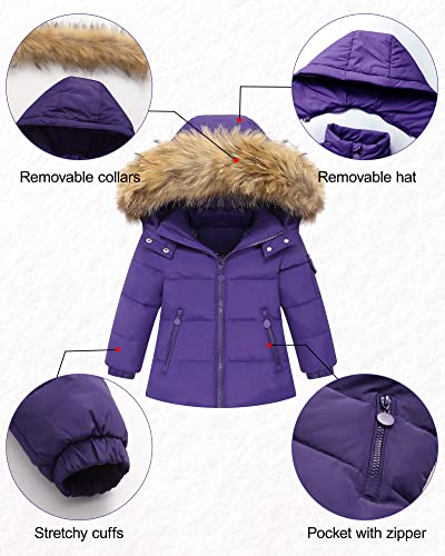 Disaur Baby Girl Snowsuit Down Jacket Toddler Girls' Windproof Snow Wear,Kids Coat Hooded With Warm Snowbib Pants Skiing Set (Purple,4-5T) #TOP1