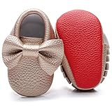 Bebila Double Bow Fringe Baby Moccasins - Soft Sole Baby Shoes Girls Toddler Crib Flats Gold